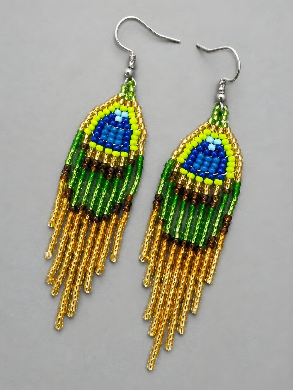 Peacock Boho Fringe Beaded Earrings Handmade Jewelry Tribal BohemeCrafted from